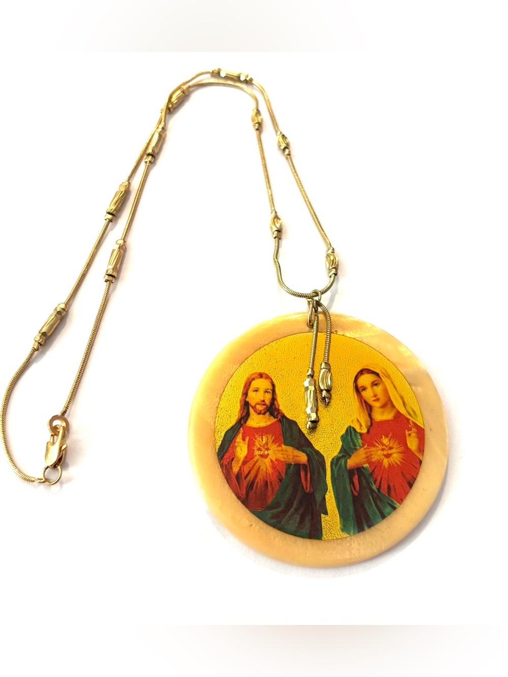 Vintage Gold-Tone Necklace with Yellow and Red Religious Medallion